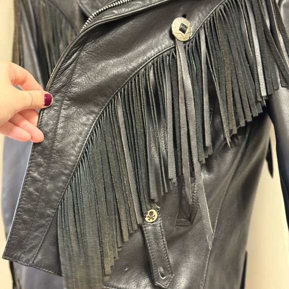 Verducci size 38 black leather fringe moto jacket skull buttons - Picture 9 of 15
